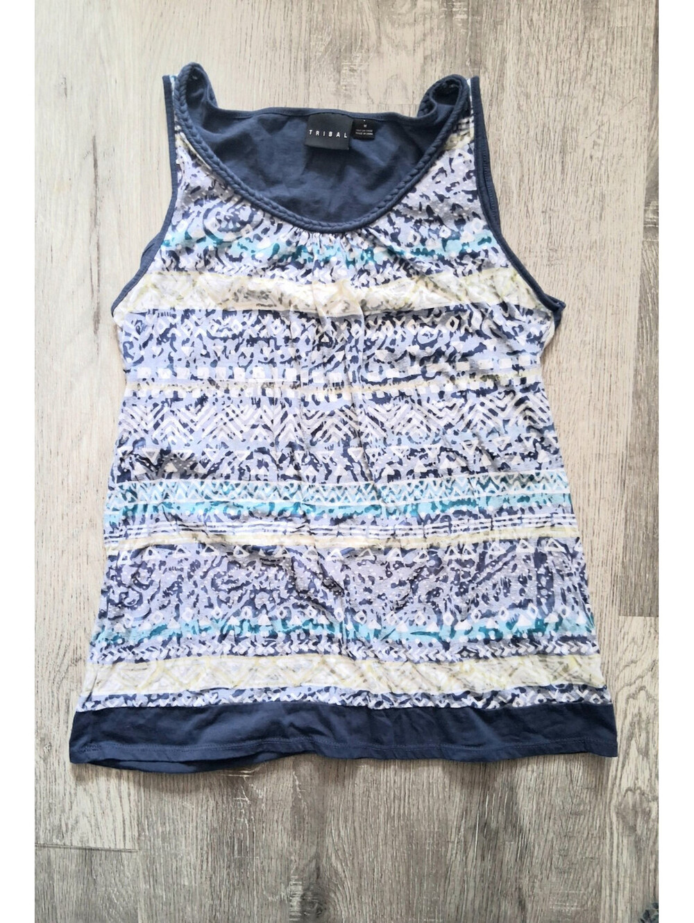 Tribal Women's Size M Tank Top Blue White Abstract Scoop Neck Blouse Top